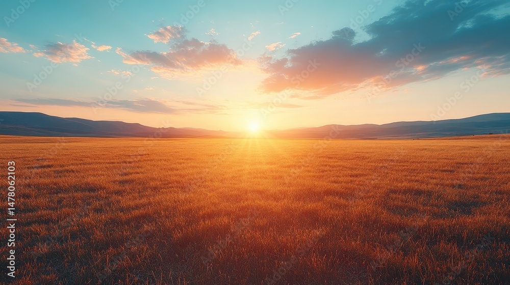 Fototapeta premium Expansive golden field bathed in sunset light.