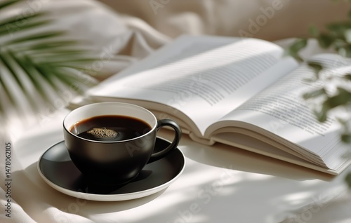 Cozy Morning on a Soft Bed With Coffee and an Open Book Under Soft Light