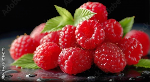 Fresh Raspberries With Green Leaves Glistening on a Dark Surface After Rain