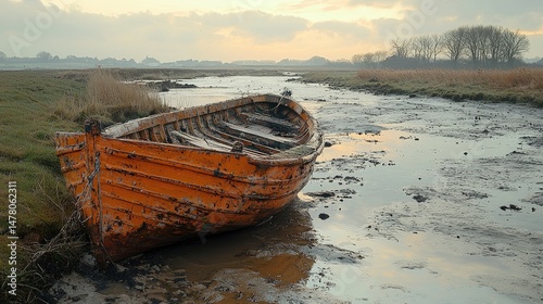 Abandoned orange boat resting in a muddy riverbank at sunset, serene landscape