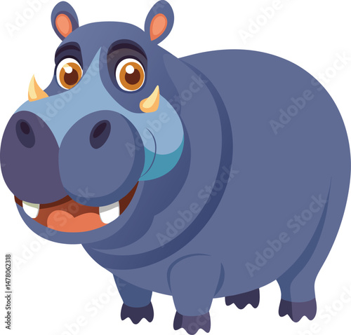 Cheerful Hippo Illustration: A charming animated hippo with an endearing smile, inviting viewers into a world of whimsy and fun. A whimsical, colorful portrayal of this majestic mammal.