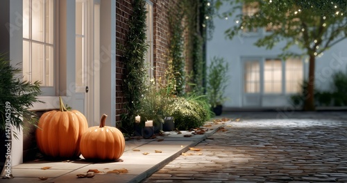 Fall Decor With Pumpkins and Leaves on a Charming Cobblestone Street in the E...