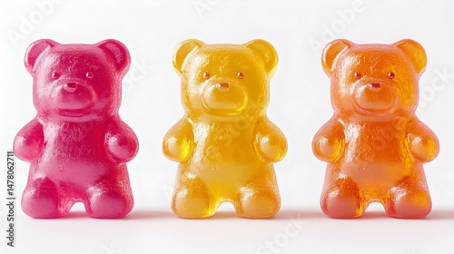Colorful gummy bears in pink, yellow, and orange, perfect for candy lovers and sweet treat enthusiasts. Fun and vibrant confectionery display.