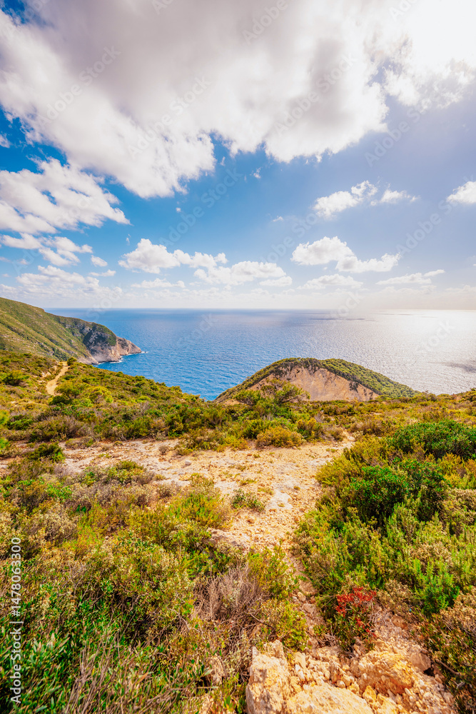Skinari Lighthouse at the northern cape of Zakynthos island in Greece.