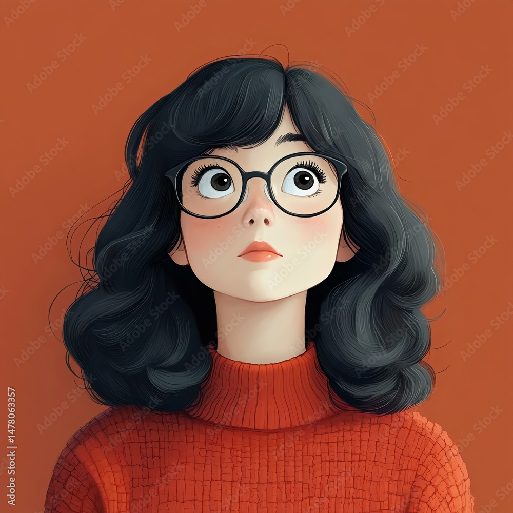 Fototapeta premium A stylish young woman with curly hair and glasses looks up thoughtfully against a vibrant orange background, exuding a sense of curiosity and creativity.