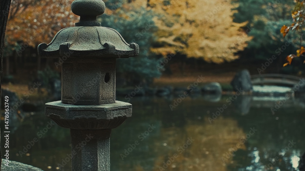 Naklejka premium The small island in a Japanese garden is often adorned with a stone lantern