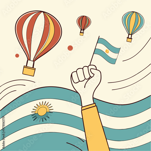 Argentina flag celebration with hot air balloons and artistic hand design with national colors
