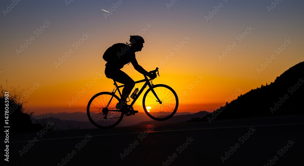 Fototapeta premium Cyclist Riding Bicycle Silhouette Sunset