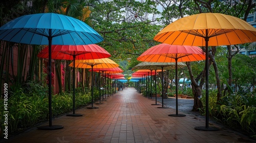Wallpaper Mural Colorful umbrellas line a vibrant pathway in a lush urban park setting Torontodigital.ca