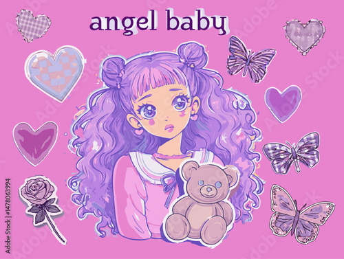 Anime-style girl with long purple hair in twin buns, holding teddy bear, big expressive eyes, and a pastel outfit. The word "angel baby" adds a cute, dreamy vibe to the illustration.