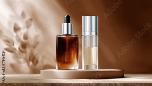 Elegant Display of Cosmetic Serums on a Wooden Surface With Greenery in a War...