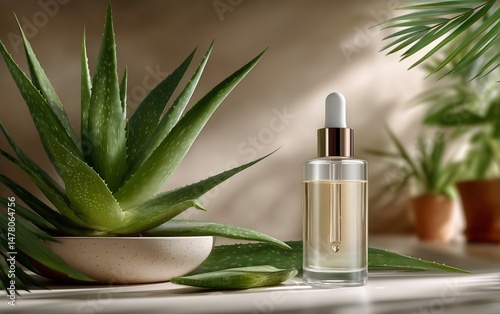 Natural Fragrance Display With Aloe Vera and Greenery in Soft Sunlight