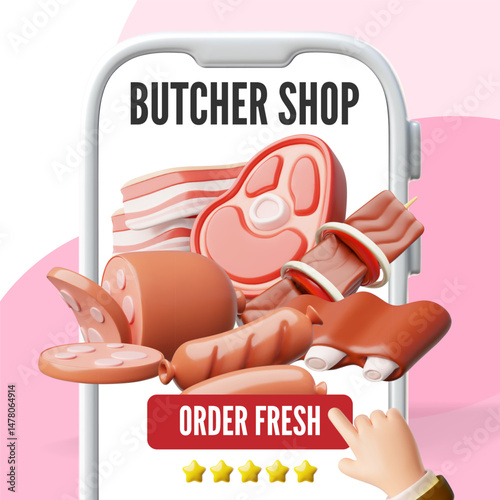 Butcher shop, order fresh food delivery service on smartphone screen, 3D vector online order of meat products, sausages
