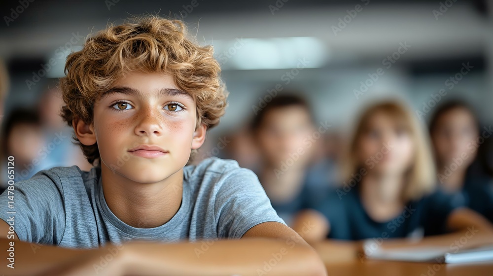 A thoughtful young boy gazes into the distance in a classroom setting, surrounded by blurred classmates. Ideal for educational themes. A thoughtful young boy gazes into the distance in a classroom setting, surrounded by blurred classmates. Ideal for educational themes.