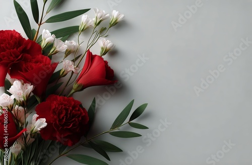 Bouquet of Red Roses and White Flowers Arranged on a Light Gray Surface With ...