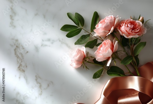 Elegant Pink Roses in a Vase on a Marble Surface With Soft Fabric for a Cozy ...