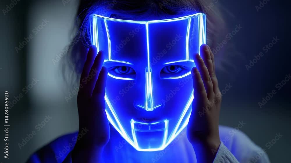 Girl wearing futuristic glowing purple LED mask with hands on cheeks in dark ambient light, ideal for sci-fi video intros, artificial intelligence themes, or identity-focused digital content.