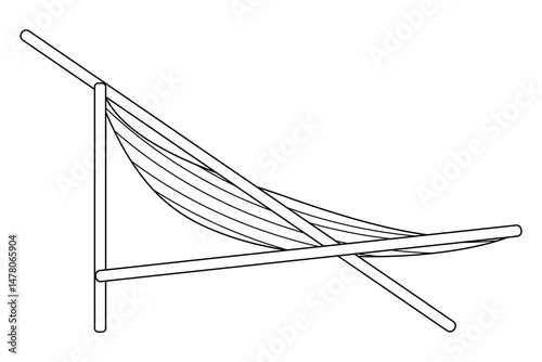 Coloring page with summer outline drawing with a striped chaise lounge, or beach hammock, or beach chair. Ideal for entertaining kids, DIY craft, summertime, beach, and outdoor black and white design.