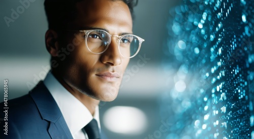 Professional Man Looking Thoughtfully at Digital Display in Modern Office Env...