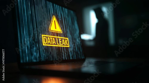 Warning sign “Data Leak” on screen in dark room with hacker silhouette in background for cybersecurity campaigns, tech blogs, data protection education, and hacker documentaries with neon accents