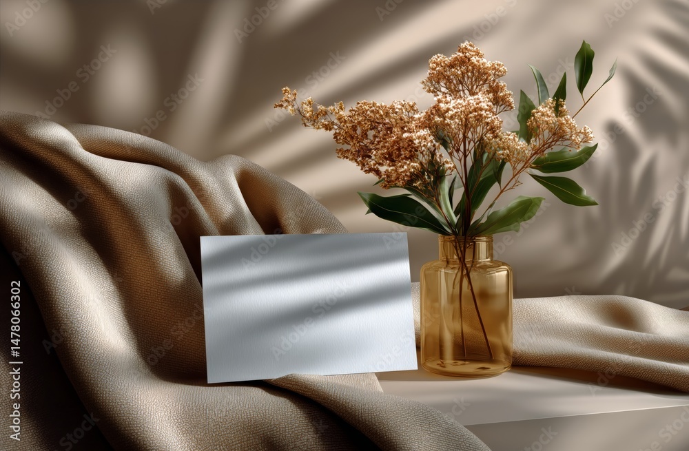 Elegant Vase With Dried Flowers and Blank Card on Soft Fabric Backdrop