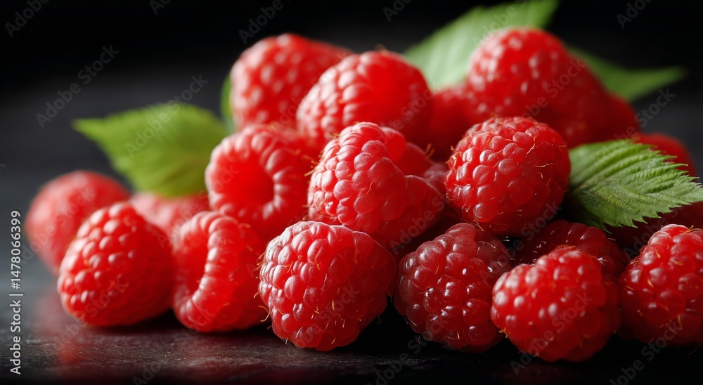 Fresh Raspberries With Green Leaves Glistening on a Dark Surface After Rain