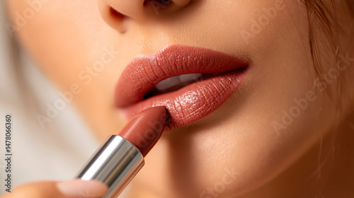 A close-up image of a young woman applying lipstick to her lips