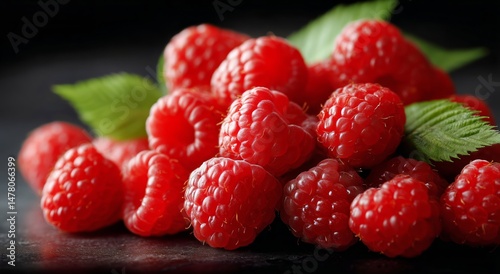 Obraz na płótnie Fresh Raspberries With Green Leaves Glistening on a Dark Surface After Rain w salonie