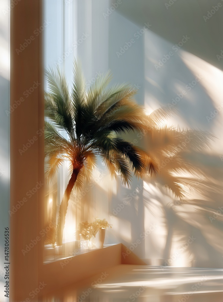 Sunlight Dapples Indoor Palm Tree Creating a Serene Atmosphere in a Bright Living Space