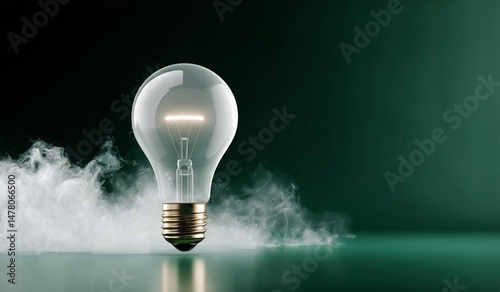 Light Bulb With Glowing Filament Surrounded by Wisps of Smoke on Dark Green B...