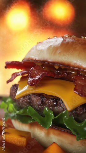 Gourmet cheeseburger with crispy bacon, melted cheese and fries in moody kitchen setting