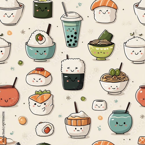 Charming seamless pattern featuring kawaii-style food illustrations for textile design