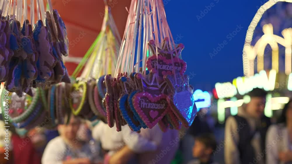 Munich, Germany. Selling souvenirs and sweets at stall at Oktoberfest beer festival in evening with lighting and illumination. Gingerbread merchandise at Oktoberfest in Deutschland. 