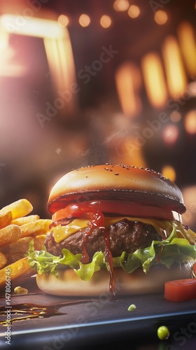 Gourmet Cheeseburger and Fries in Moody Kitchen Setting