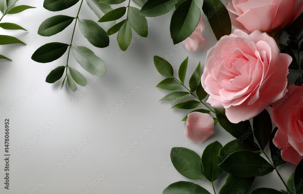 Soft Pink Roses With Green Leaves Arranged Beautifully on a Light Background at a Serene Moment