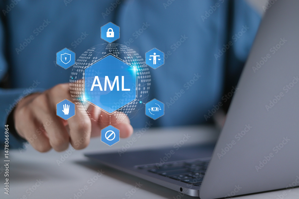 Naklejka premium AML, Anti money laundering financial bank concept. Person using laptop with AML icons on virtual screen for anti money laundering regulations.