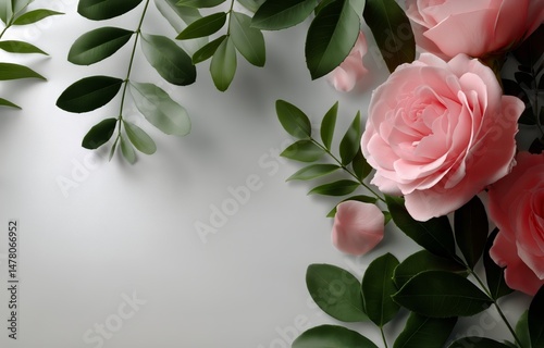 Obraz na płótnie Soft Pink Roses With Green Leaves Arranged Beautifully on a Light Background at a Serene Moment w salonie