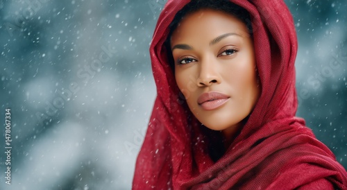 Woman in Red Robe With Striking Gaze Poses During Snowfall in a Serene Winter...