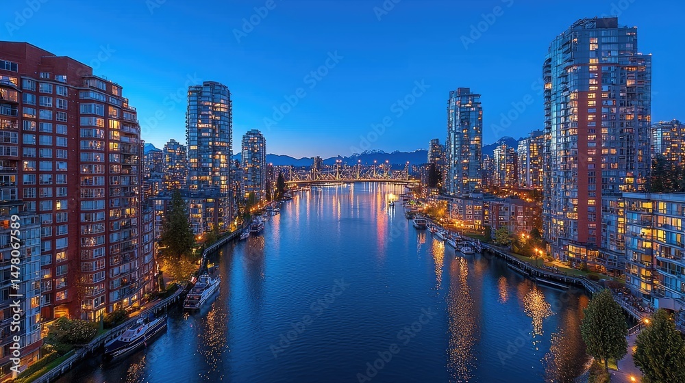 Naklejka premium Serene Evening View of Vancouver's Waterfront with City Lights and Mountains