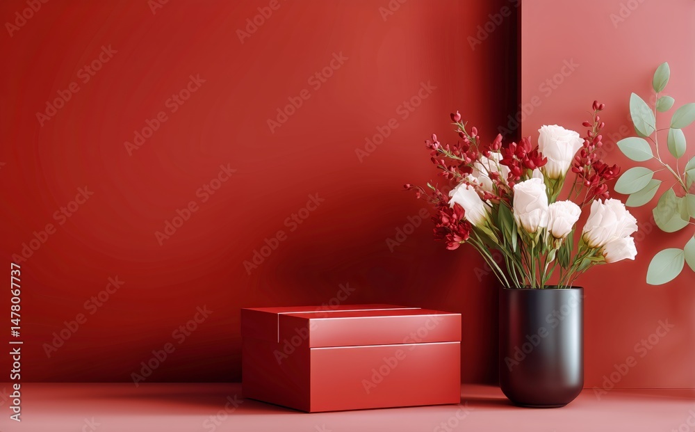 Decorative Arrangement of Flowers and Box on a Red Wall in a Modern Interior Setting