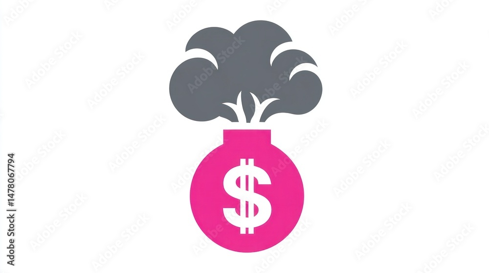 Obraz premium Explosive Financial Growth A Pink Bomb with Dollar Sign and Gray Smoke Clouds
