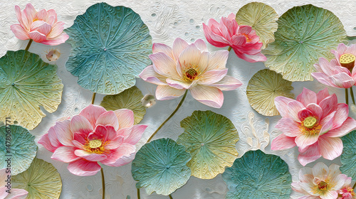 The overall theme is light-colored lace clouds, colorful lotus leaves and small duckweed