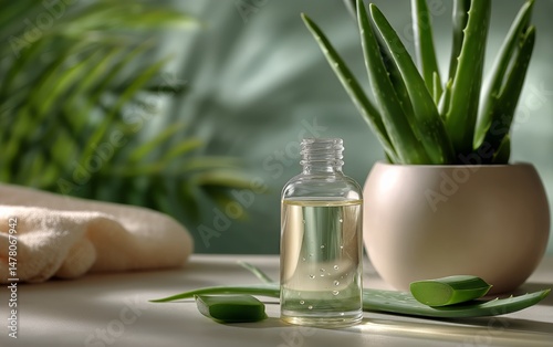 Aloe Vera Plant and Essential Oil in Natural Setting With Soft Towel on the T...
