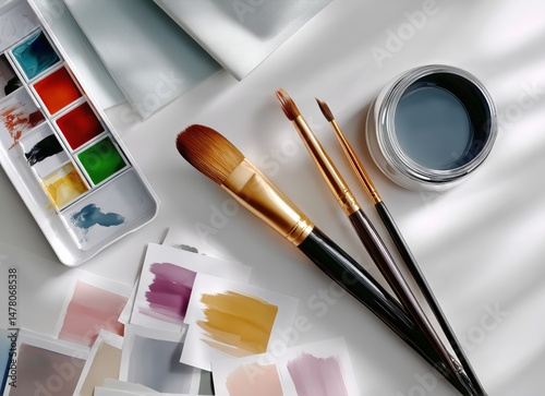 Creative Workspace With Watercolor Supplies and Brushes in Natural Light