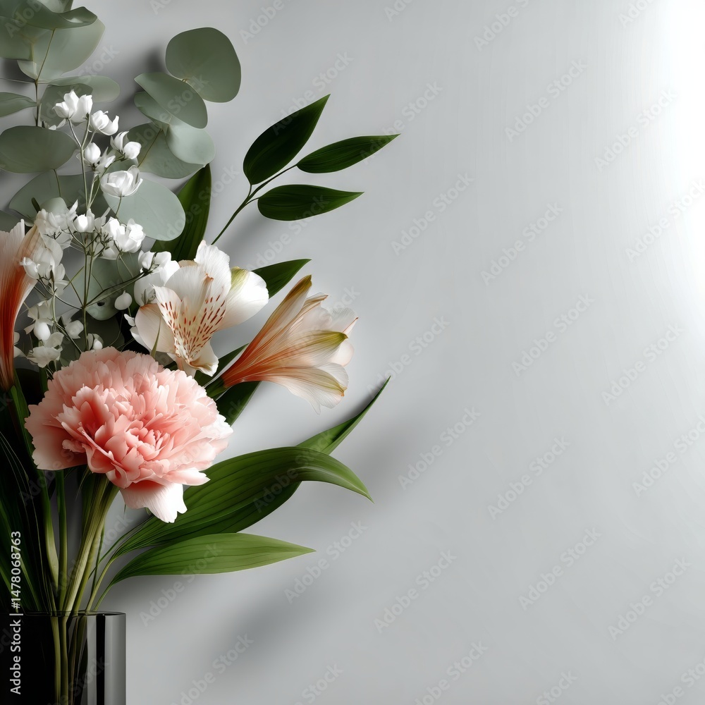 Elegant Floral Arrangement With Pink and White Flowers in a Modern Vase Against a Neutral Background