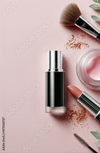 Beauty Products Arranged on a Soft Pink Background With Greenery for a Stylis...