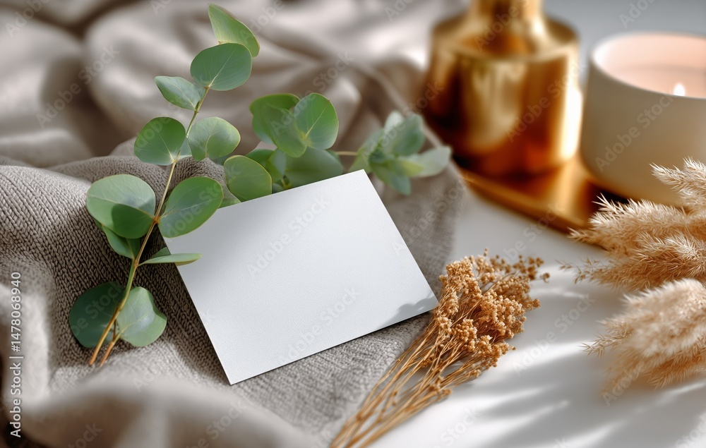 Stylish Home Decor With Dried Flowers, Eucalyptus Leaves, and a Blank Card on a Cozy Fabric Backdrop