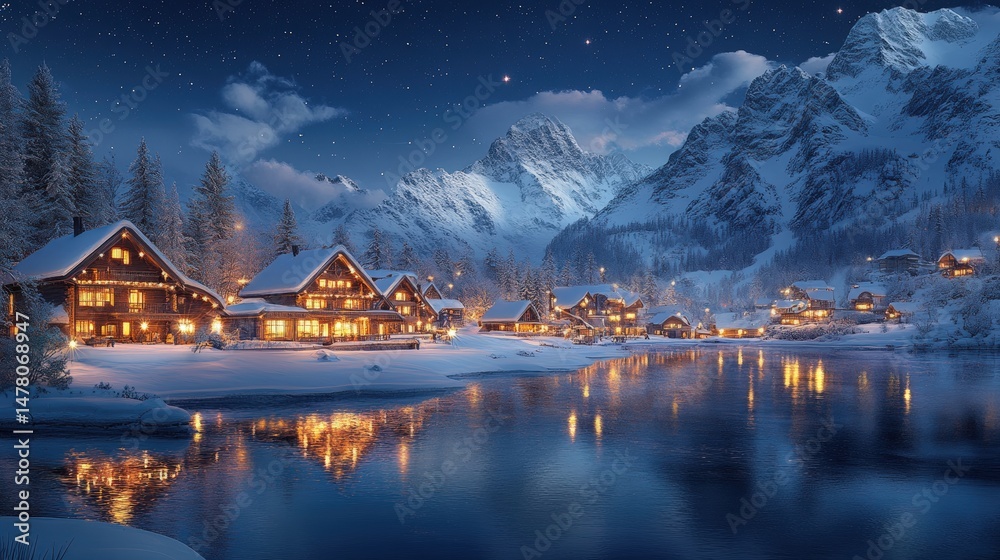 Fototapeta premium Winter village nestled beside a lake under a starry night sky.