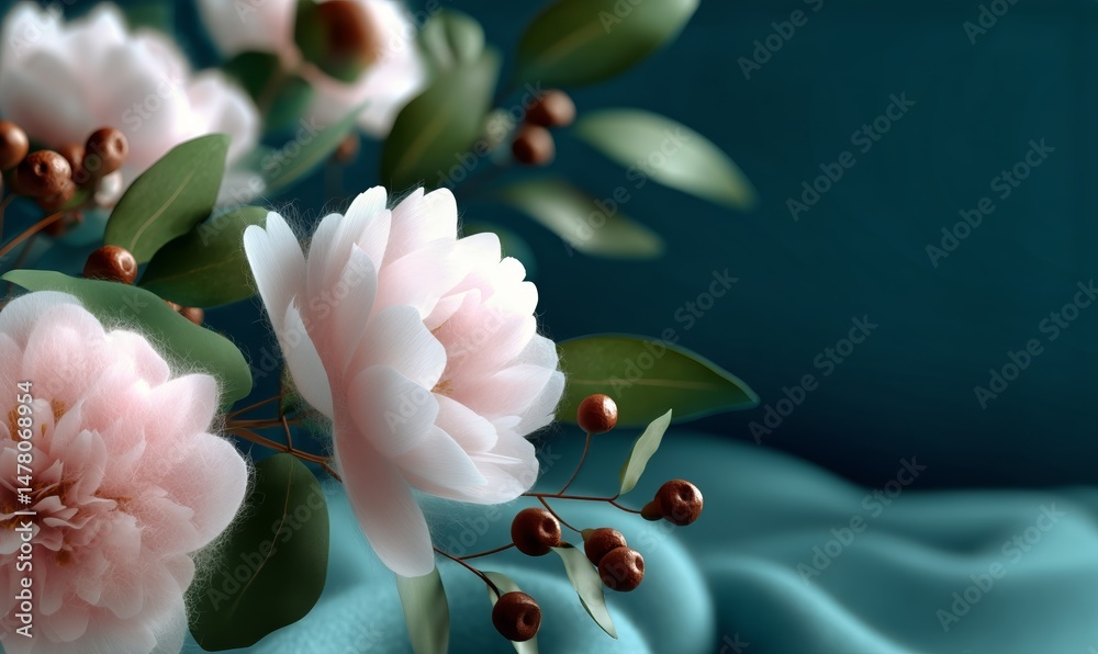 Colorful Paper Flowers Arranged With Green Leaves on a Blue Background Showcasing Artistic Design Elements
