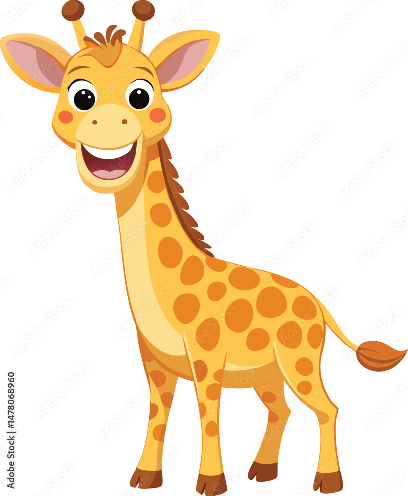Fototapeta premium Smiling Giraffe Cartoon: A cute and cheerful giraffe cartoon, with a big smile, spots, and long neck, perfect for kids' illustrations, children's books, and animal-themed designs.